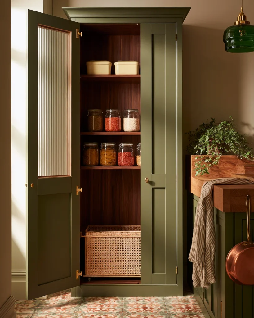 Pantry cupboard showing the eye level row of glass jars, the boxes above and the crate below
