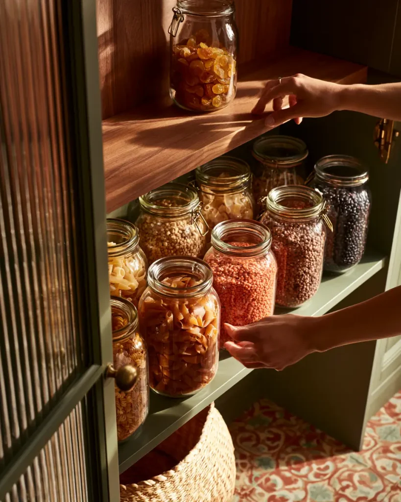 Hands pushing older jars forward on a pantry shelf so new stock goes behind