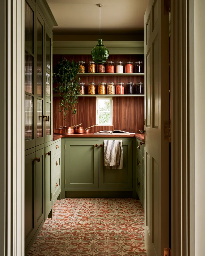 Small pantry with sage cabinetry and glass jars sorted into three turnover bands