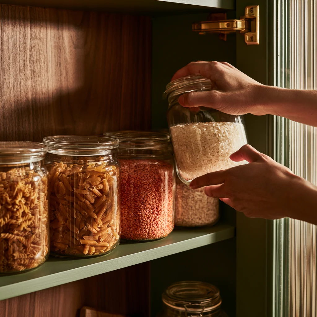 A new jar being pushed to the back row so older stock stays in front