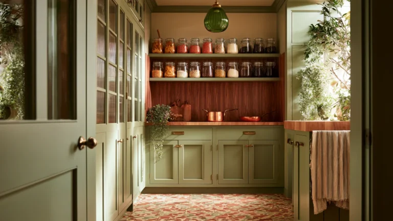 Sage green pantry with glass jars sorted into three turnover bands after a small pantry organization pass