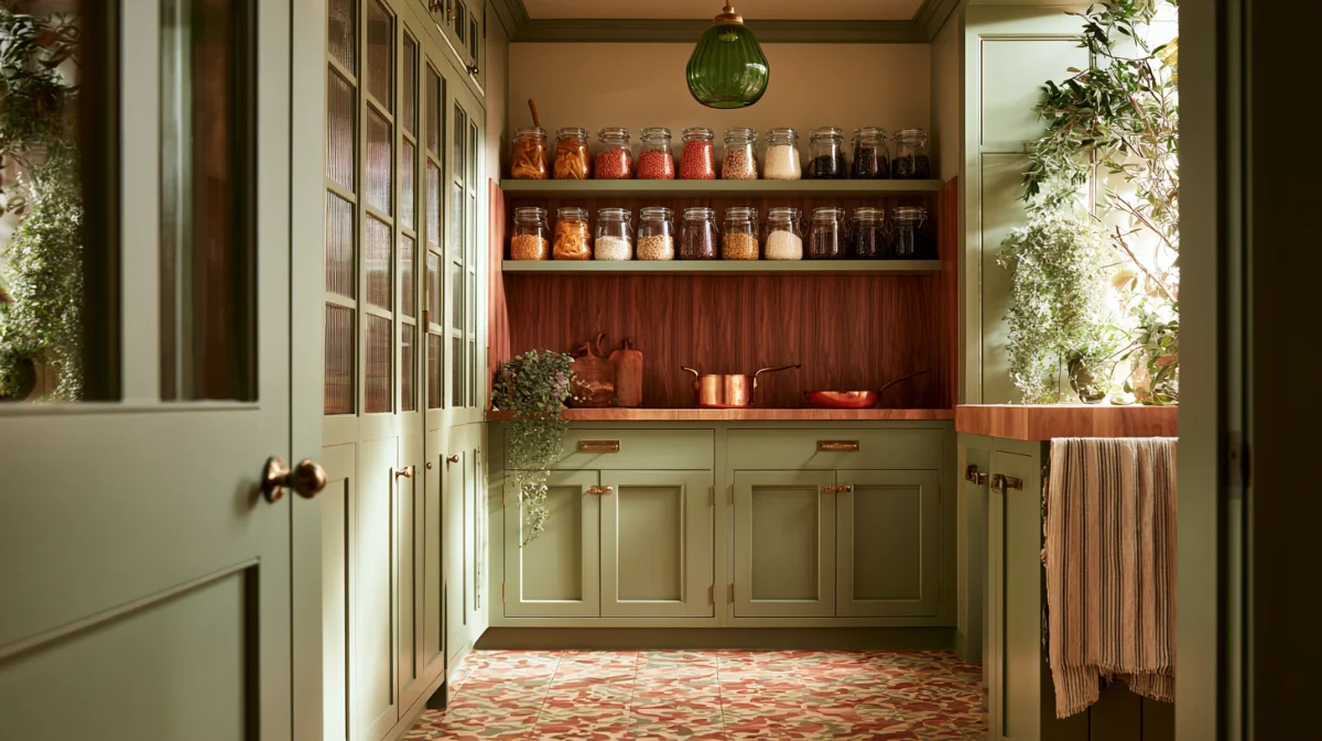 Sage green pantry with glass jars sorted into three turnover bands after a small pantry organization pass