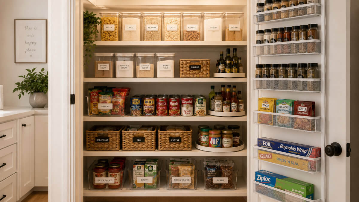 small pantry organization ideas with labeled jars and neatly stacked shelves