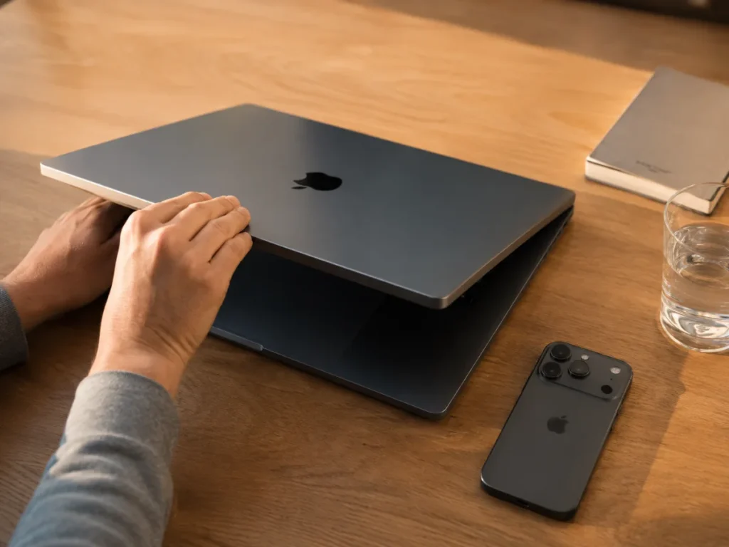 person closing a laptop on a clean desk with phone face-down, choosing to stop buying things online