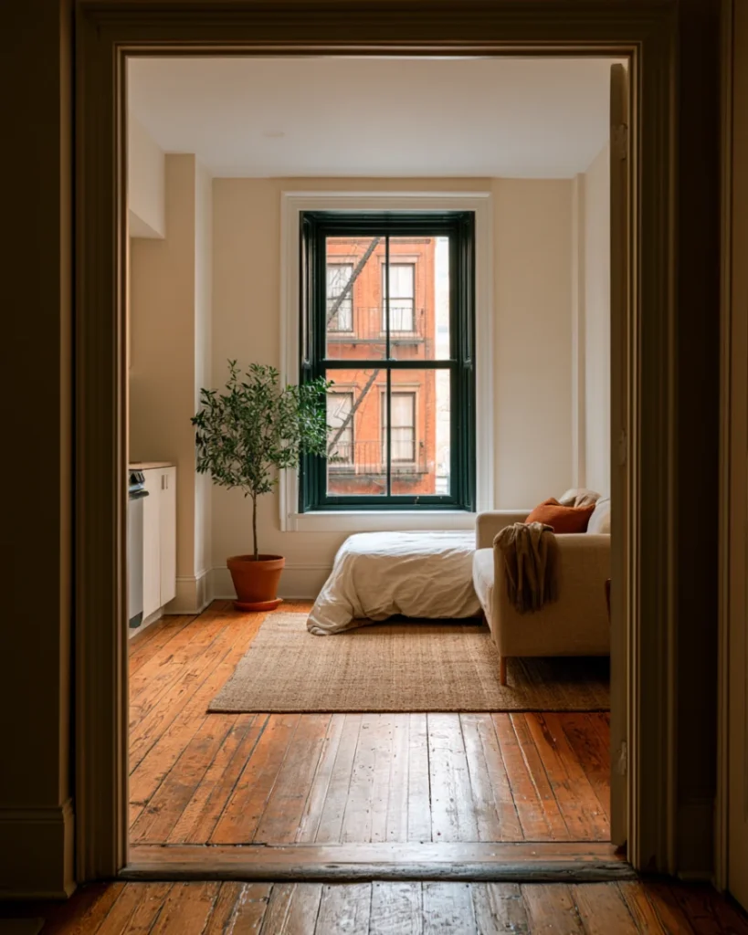 Square studio with the bed in the far corner and the sofa pulled off the wall onto a rug