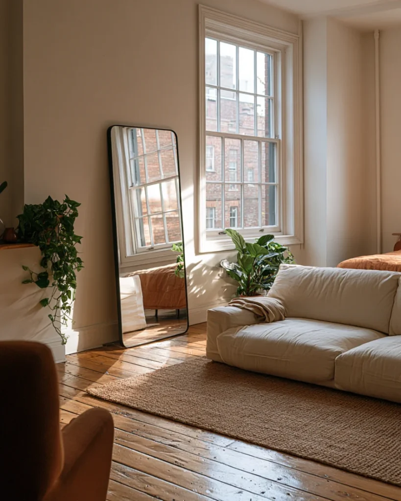 One large mirror leaning opposite the window in a studio, doubling the apparent daylight