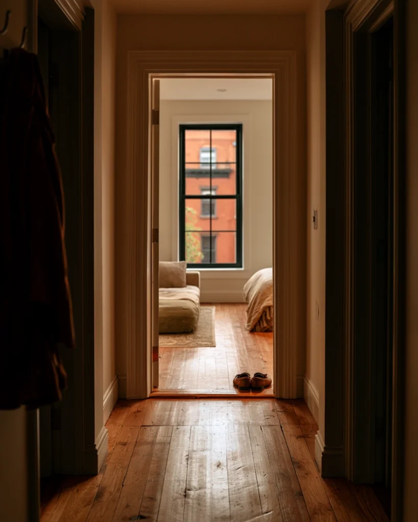 View through a doorway into a studio with a clear floor and the bed at the far end