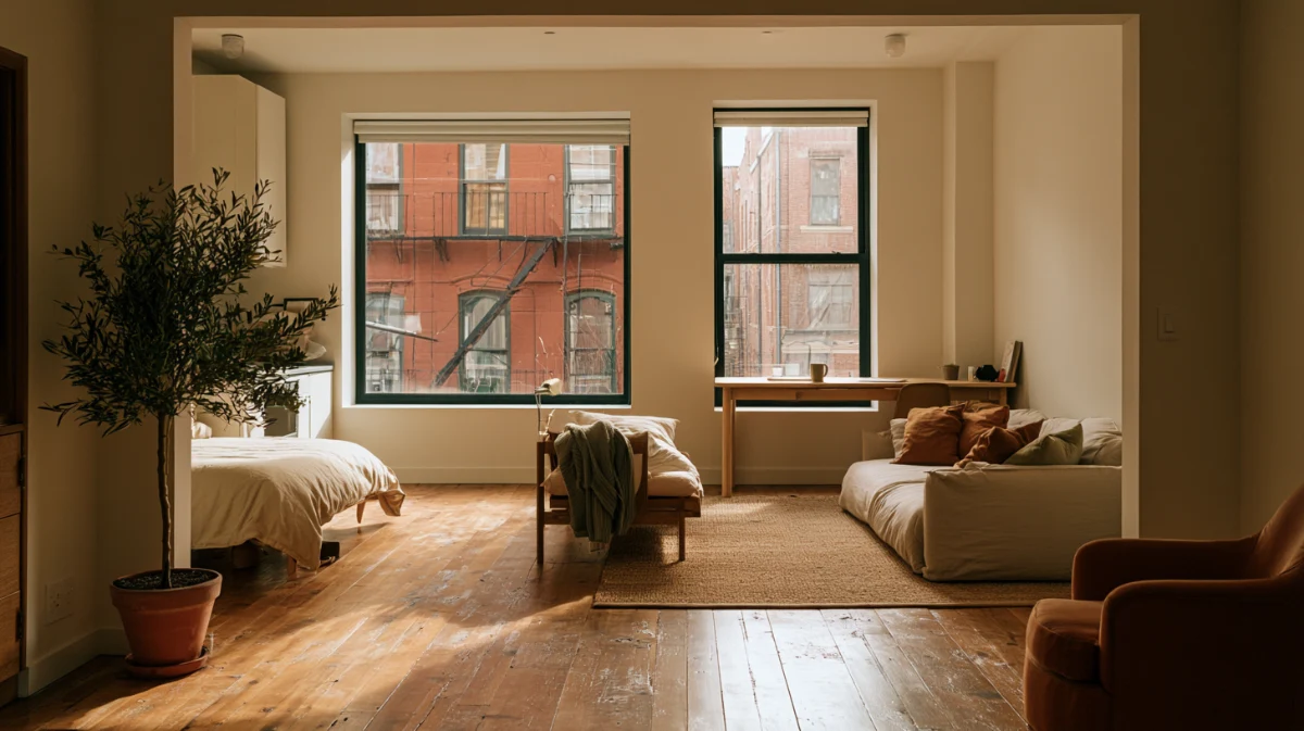 Studio apartment layout with three zones and clear paths between them