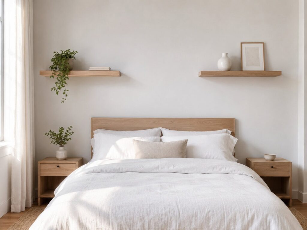 two matching oak floating shelves symmetrically placed above a bed headboard with plants and minimal decor