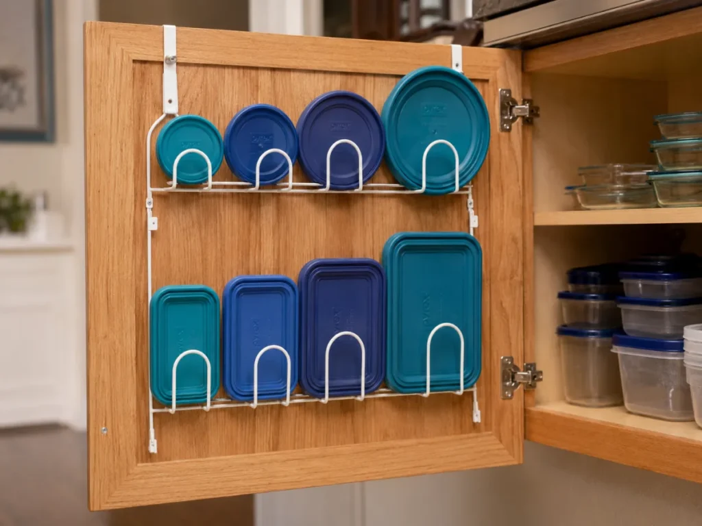tupperware lid organization ideas with over-door wire organizer holding lids sorted by size inside kitchen cabinet