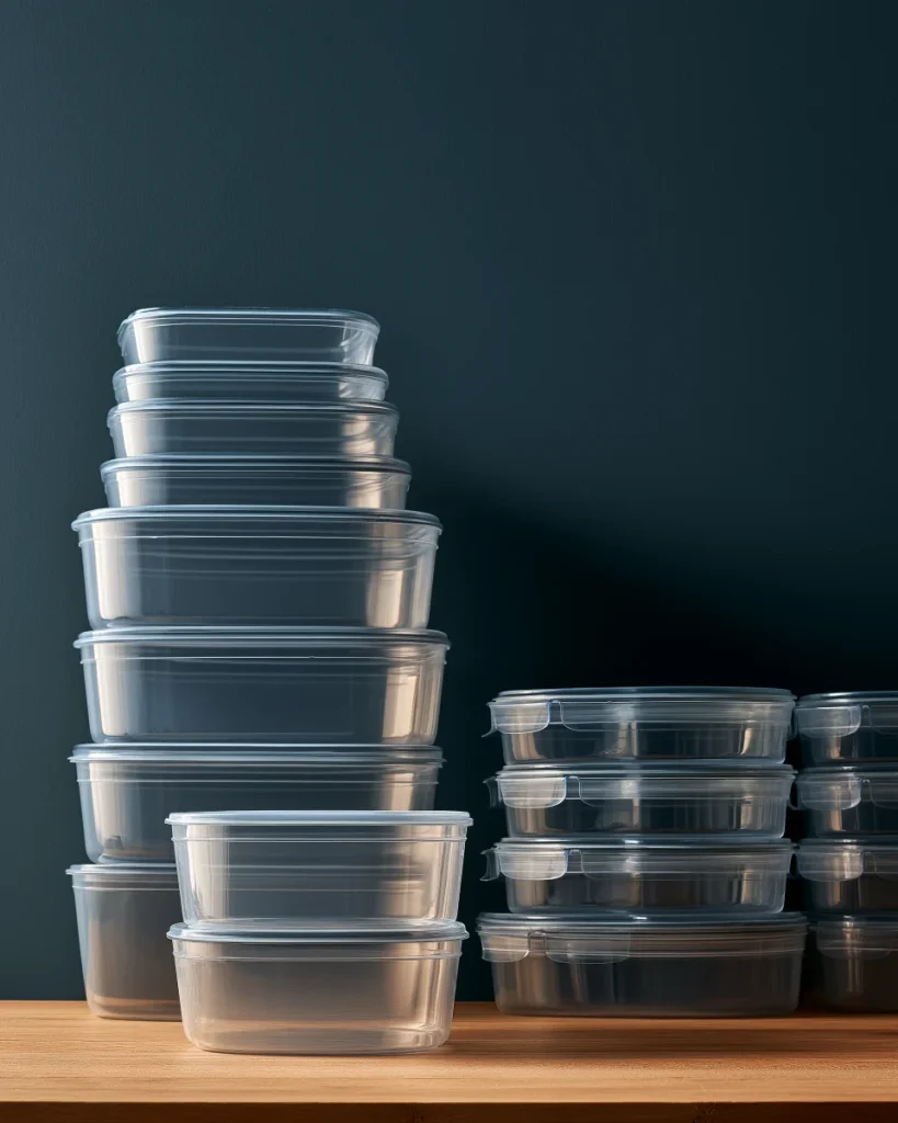 A tall nested stack of clear food containers beside a long row of the same containers stored with their lids on, showing the space difference