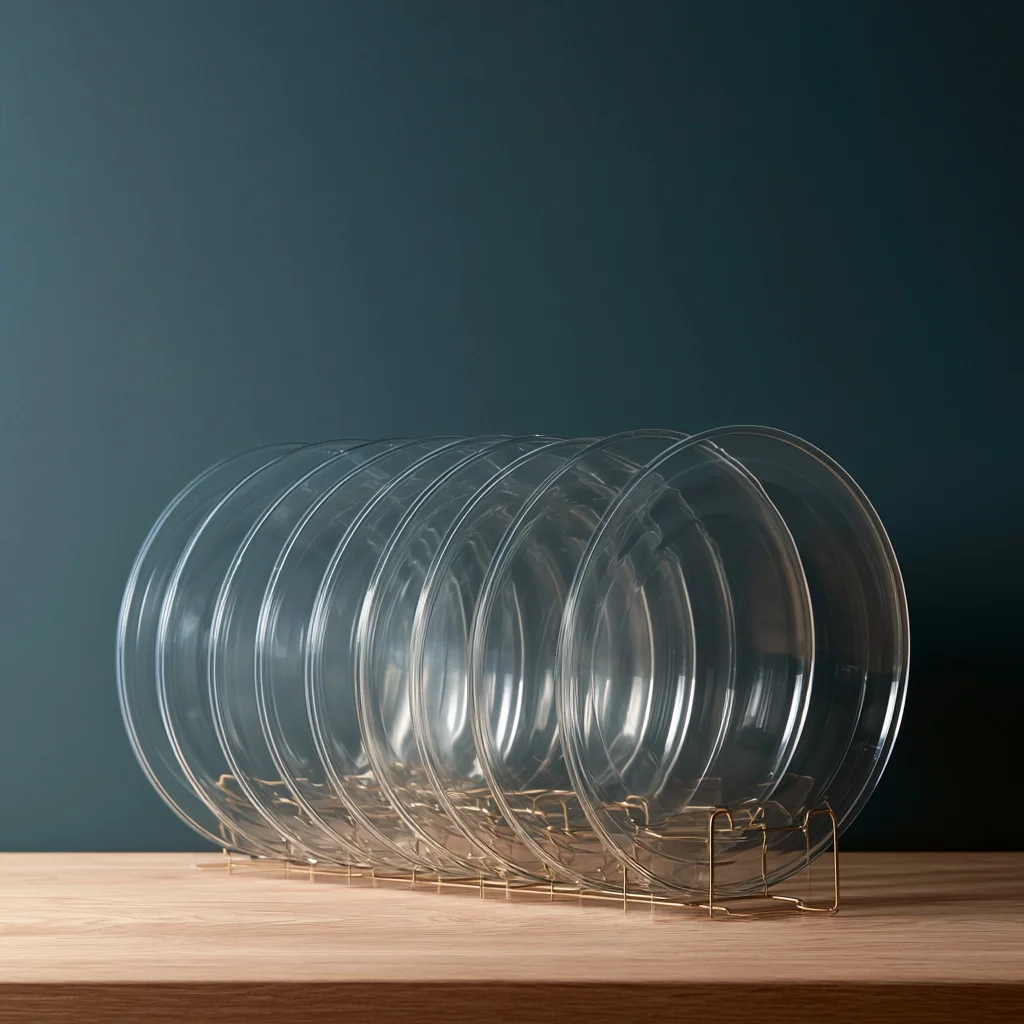 Clear plastic container lids standing on edge in a slim wire rack, filed like plates so every one is visible from the front