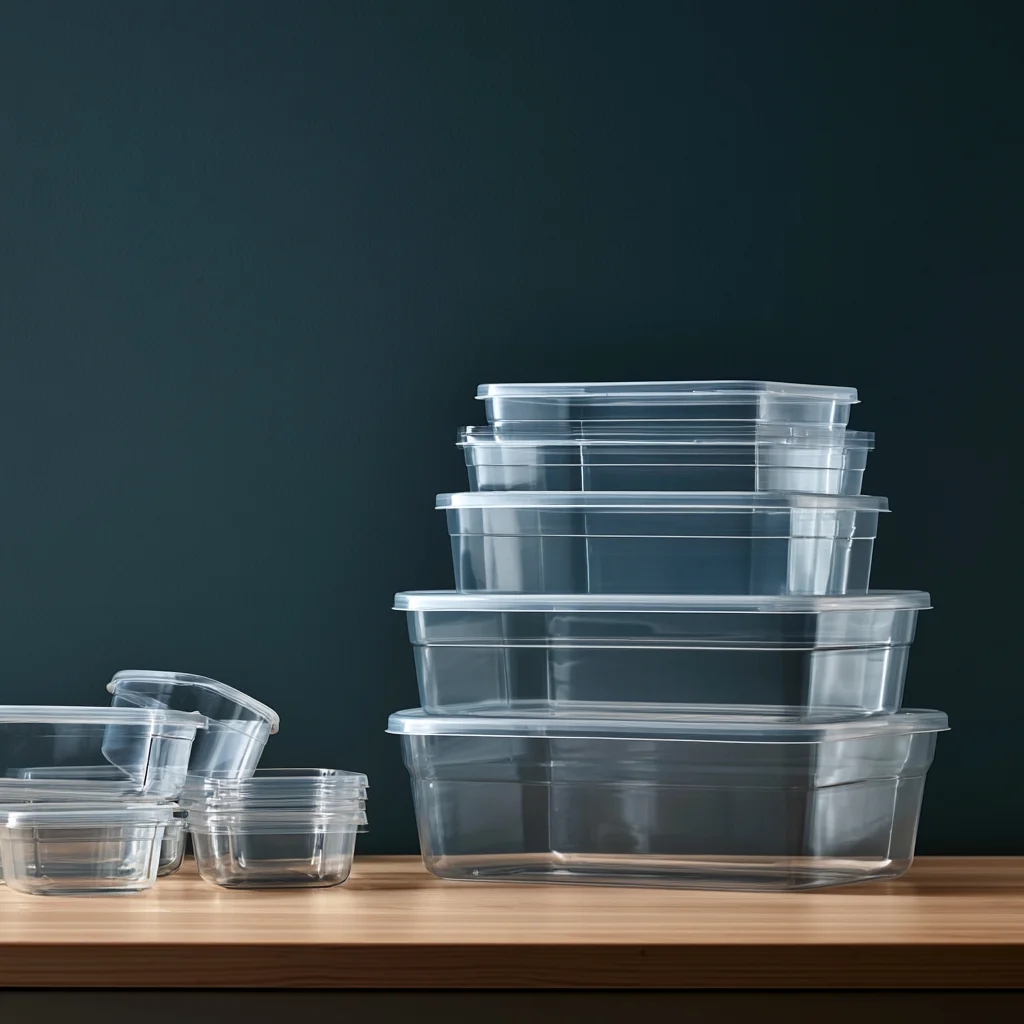 Clear food containers sorted on a worktop into two neat nesting stacks with a scattered group of mismatched orphans beside them