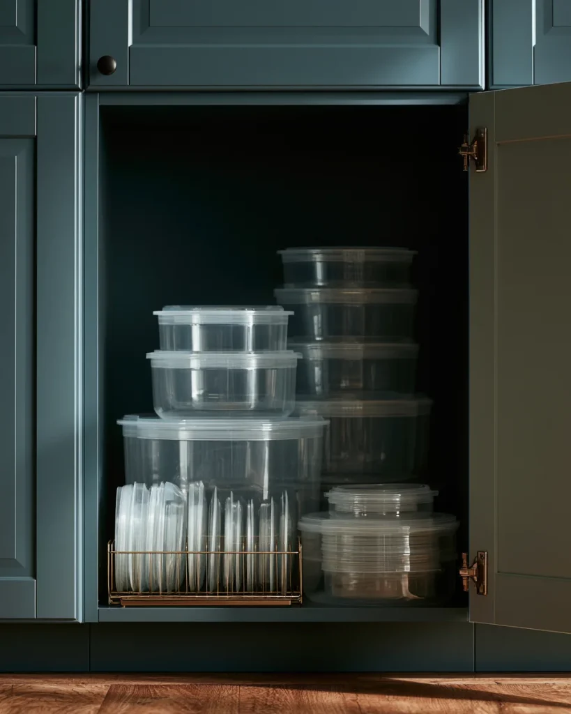 An open kitchen cabinet with two nested stacks of clear containers at the back and a wire lid rack filed at the front