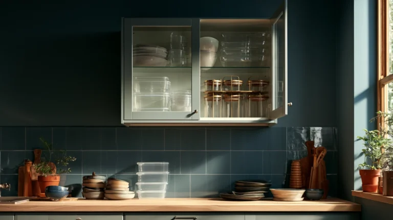 A small kitchen with one cabinet open, showing nested clear containers and a filled lid rack in an otherwise tidy run of units.