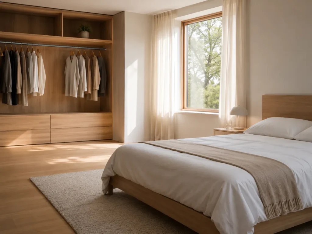 wide angle view of a minimal uncluttered bedroom with clear surfaces and organized wardrobe as the result of stopping impulse buying.