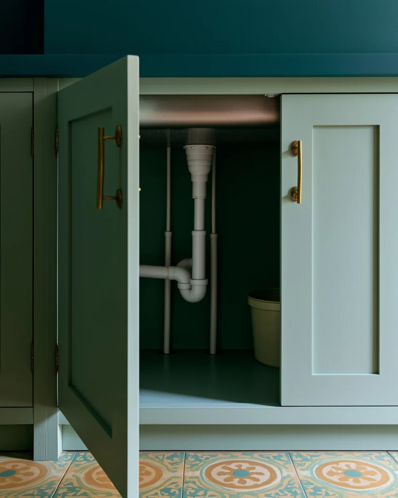 An open under kitchen sink cabinet with both doors back, showing the P-trap taking the centre and the narrow clear channels at either side.