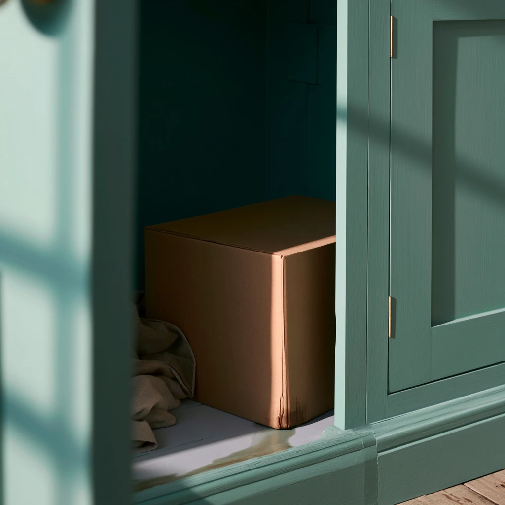 Close crop of a cardboard box sitting on a cabinet base, its lower corner darkened and swollen where moisture has wicked up the corrugations.
