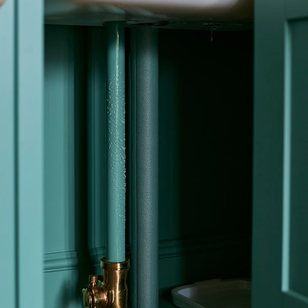 Close crop of beaded condensation on a cold water supply pipe inside a sink cabinet, with one pipe already wrapped in grey foam lagging.