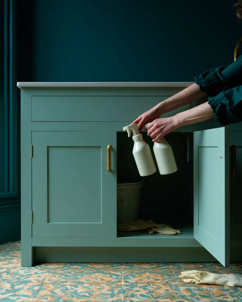 Hands lifting plain spray bottles out of a low sink cabinet toward a higher shelf, showing the move that puts cleaning products out of a child's reach.