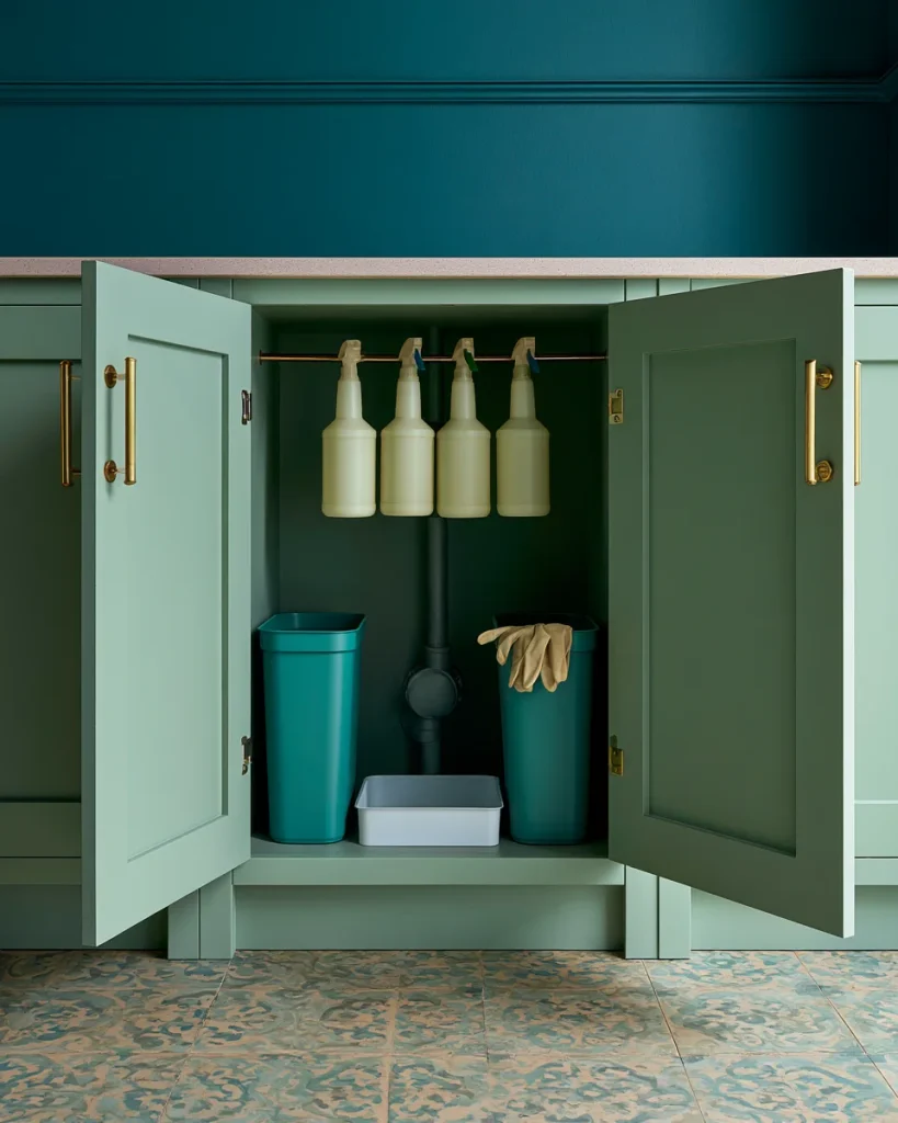 A sorted under sink cabinet with plain spray bottles hung from a tension rod by their triggers and two narrow bins standing in the side channels.