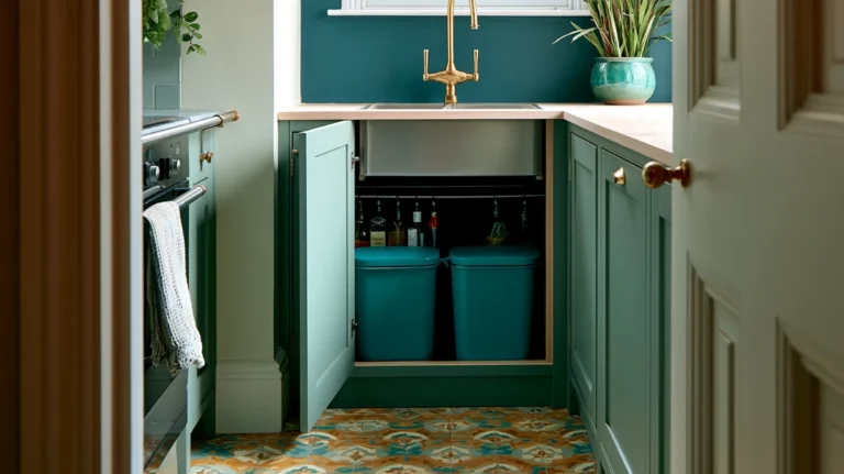 A small kitchen sink run with the cabinet below standing open, showing sorted bins and a tension rod inside the wet zone of the cabinet.
