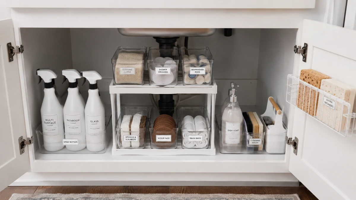under kitchen sink organization with two-tier shelf riser, labeled clear bins, and door-mounted rack