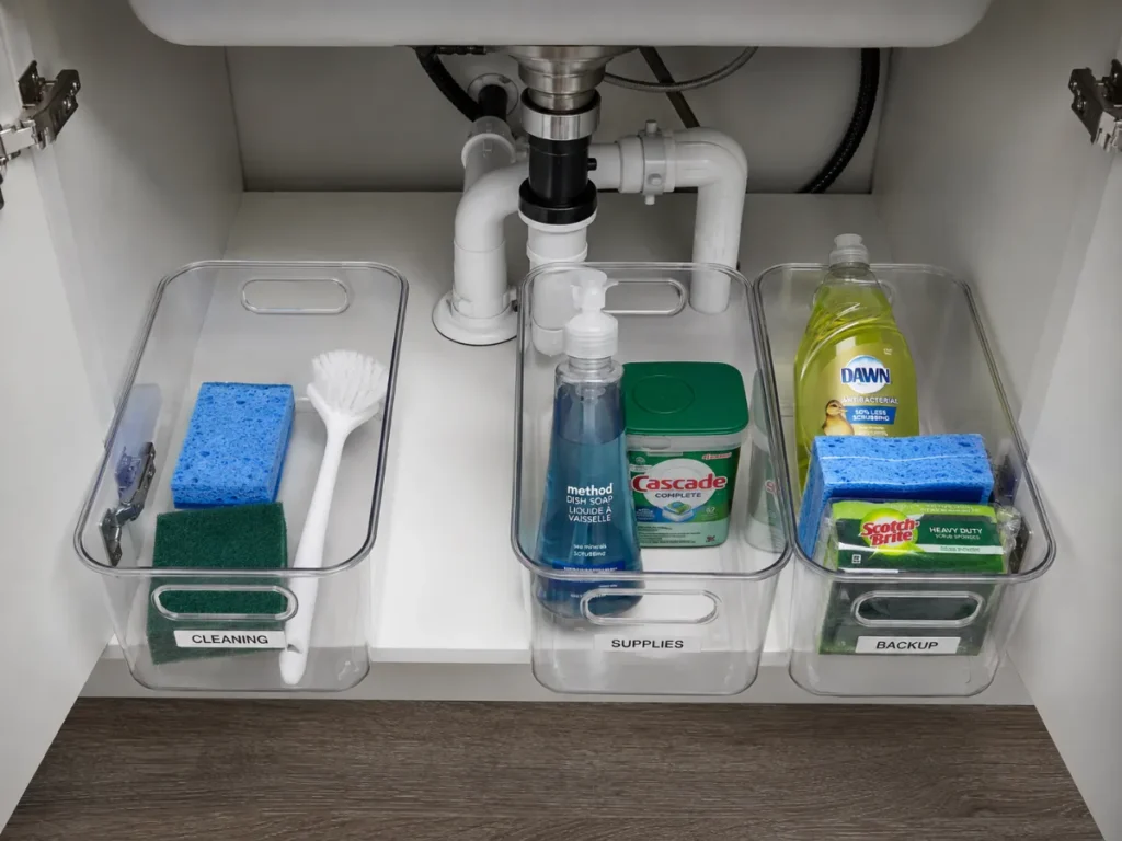 overhead view of under kitchen sink organization showing three clear bins labeled cleaning, supplies, and backup