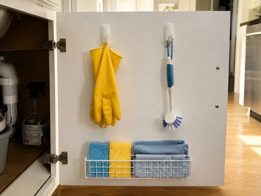 inside of kitchen sink cabinet door with command hooks holding yellow rubber gloves and a wire rack with sponges