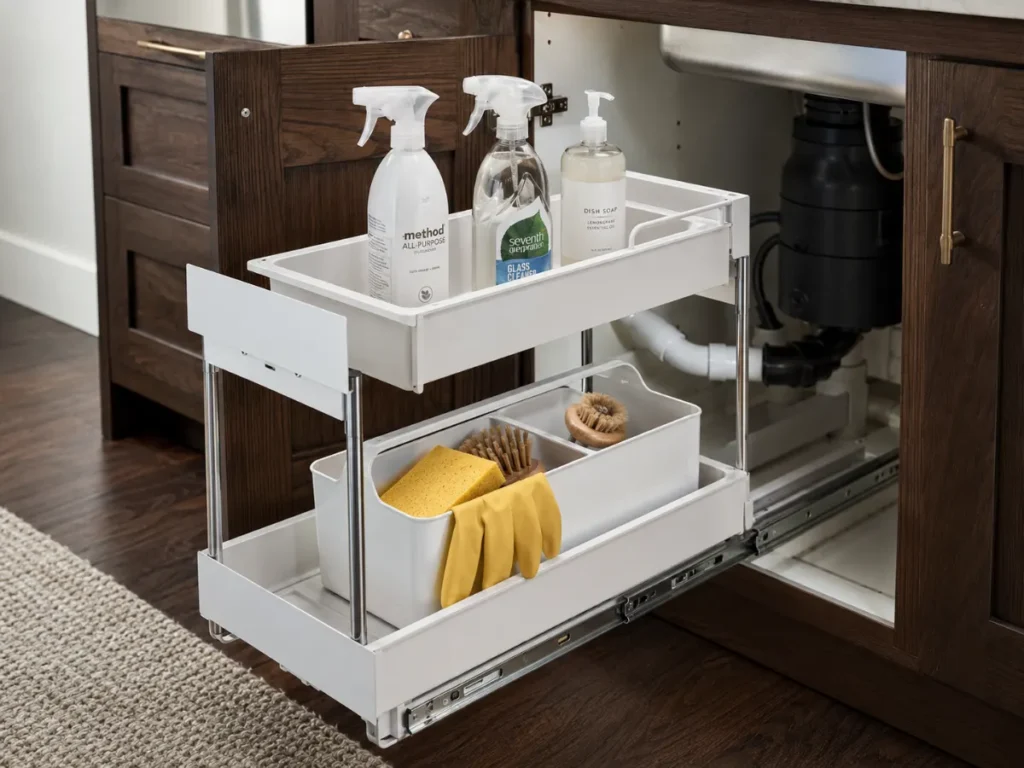 pull-out under sink cabinet organizer extended showing spray bottles on upper level and cleaning caddy on lower level