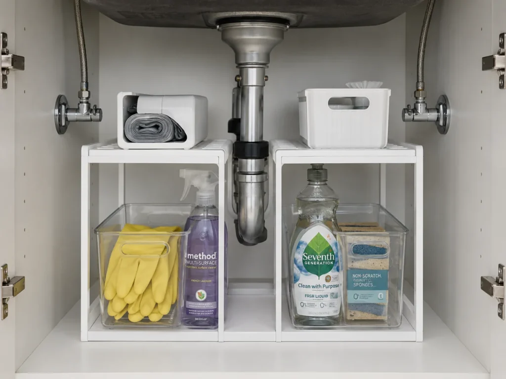 two-tier white shelf riser straddling the drain pipe inside an under kitchen sink cabinet with labeled bins