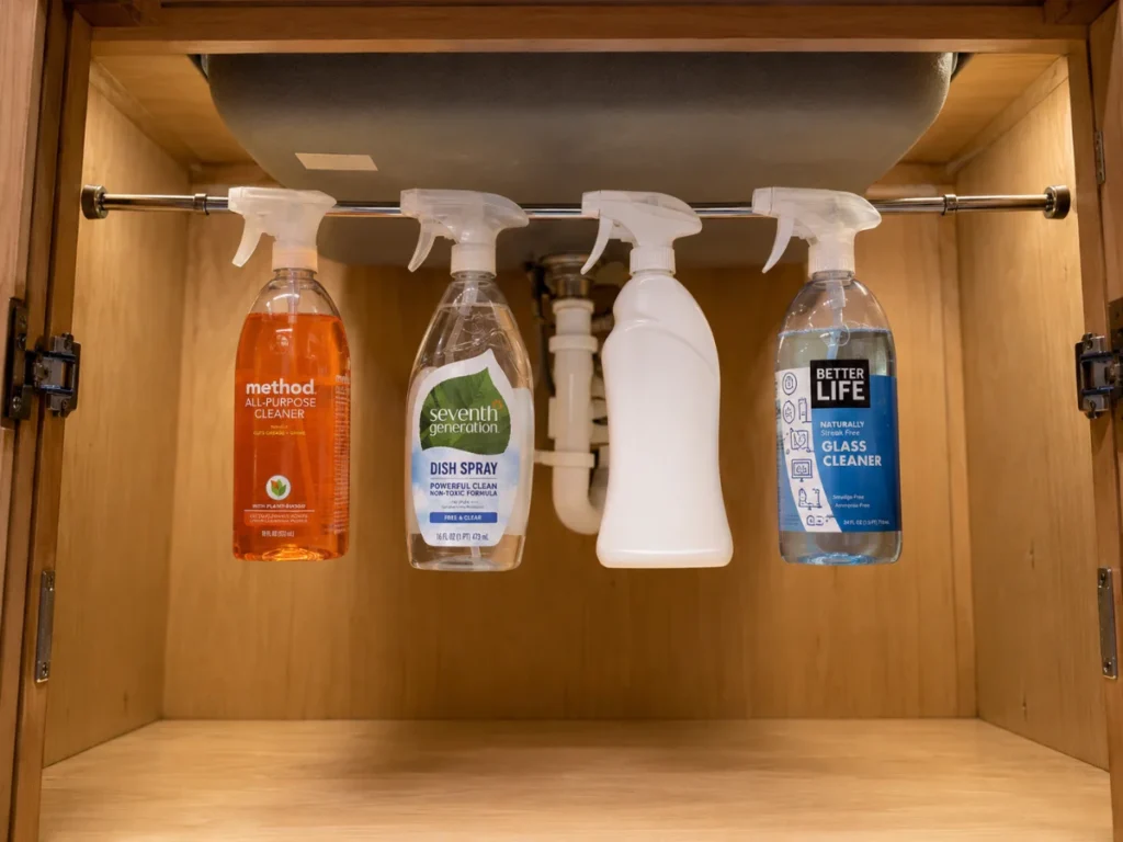 spring tension rod inside under kitchen sink cabinet with four spray bottles hanging by their triggers