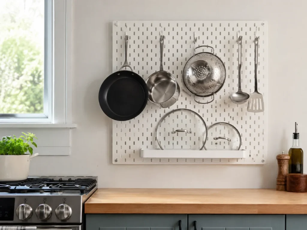 wall mounted pots and pans storage ideas with IKEA SKADIS pegboard in small kitchen