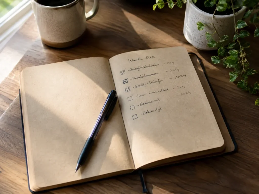 handwritten wants list in an open notebook on a wooden desk with crossed-out items — a practical tool for how to stop buying things