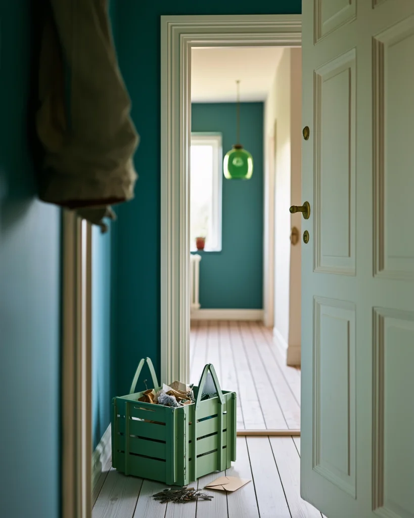 A single labelled crate of outgoing items staged by the front door of a small apartment during a minimalist challenge, with the room visible behind it.
