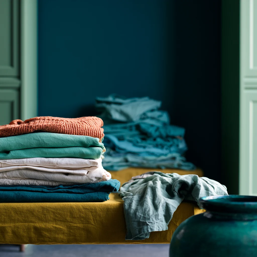 Close crop of a stack of folded clothes and linens sorted on a mustard linen bench, showing the texture of the fabrics.