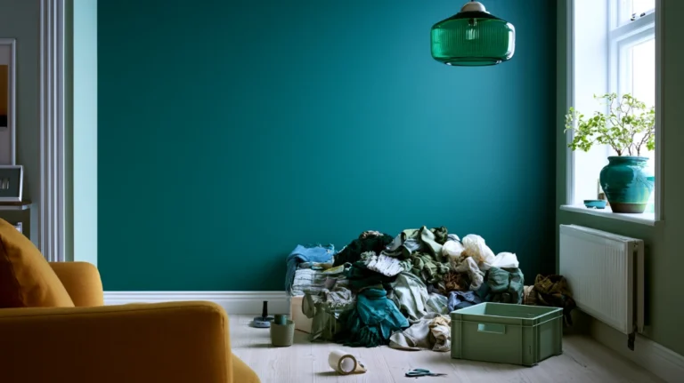 The corner of a small apartment part way through a minimalist challenge, with sorted piles on the floor and a crate ready to leave.