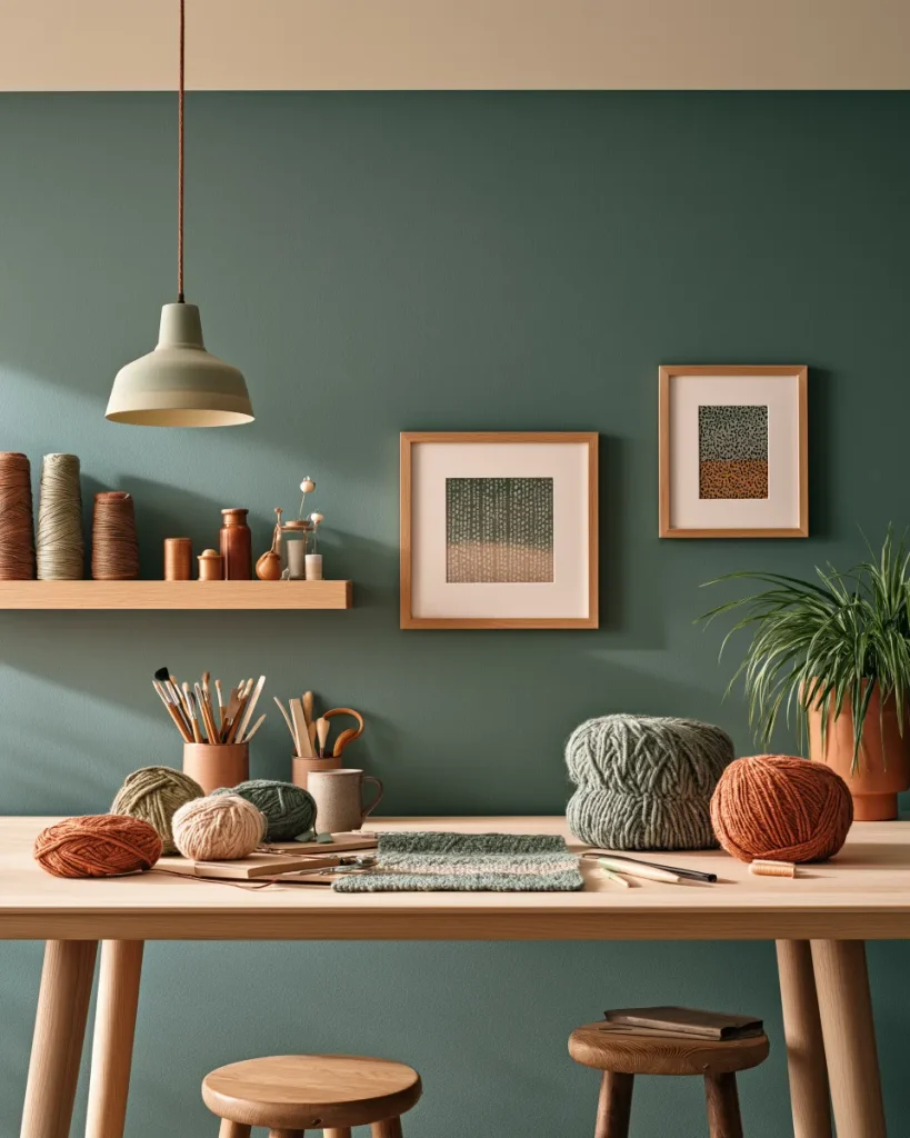 Craft supplies, a half finished project and three finished pieces grouped into three separate piles on one table, the three inventories a craft room holds.