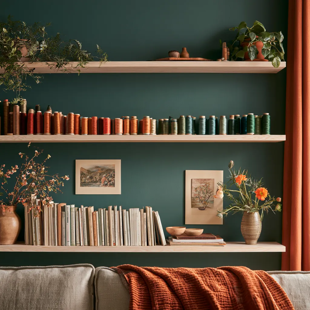 Craft room shelving with thread spools on one shelf and paper pads standing on edge below, each format given its own row.