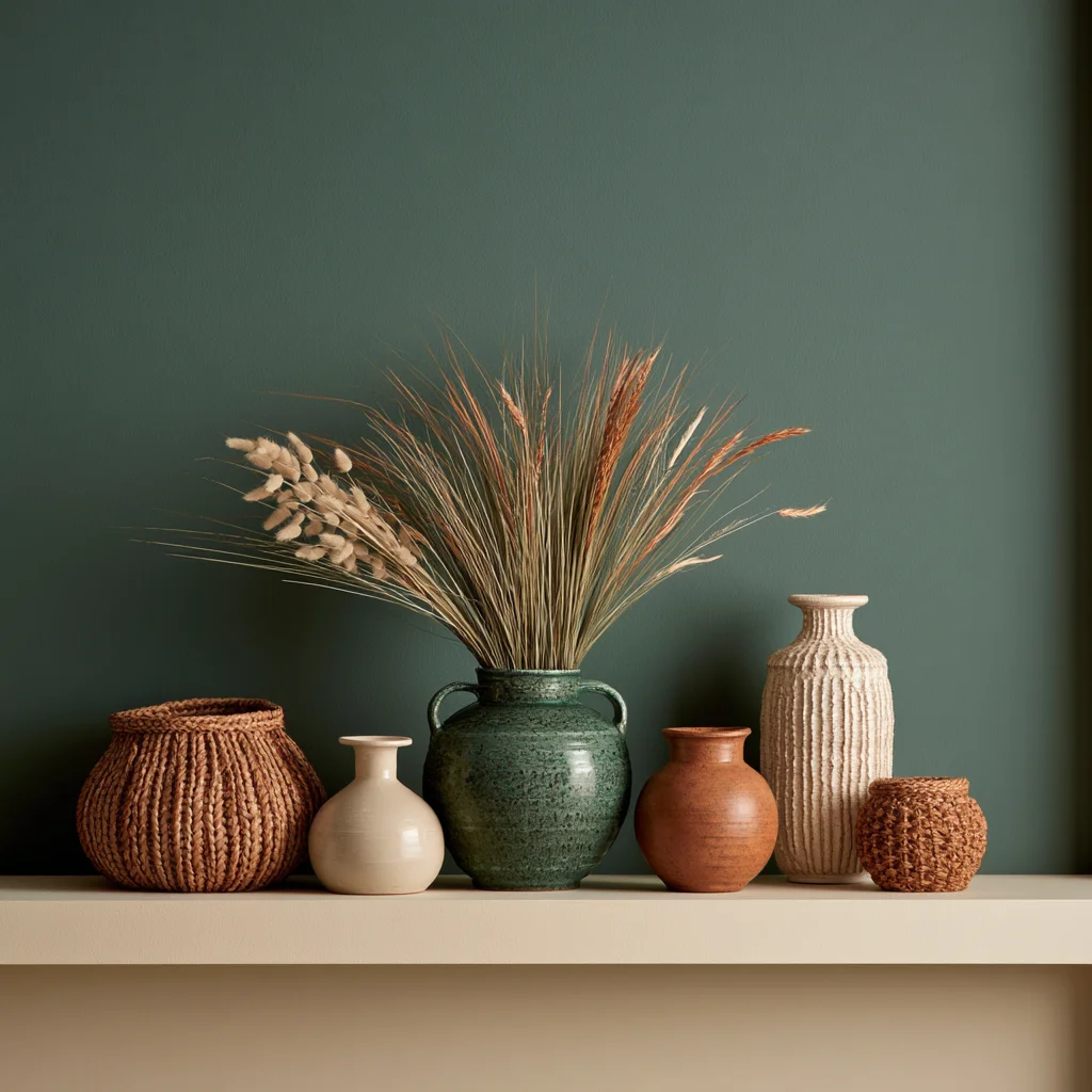 Five finished handmade pieces spaced evenly on a single cream display shelf, the fixed count that stops craft room output accumulating.