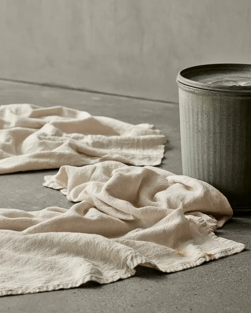 Oil stained cloths spread out flat and single layer on a concrete floor to dry safely, beside a closed metal lidded bin.