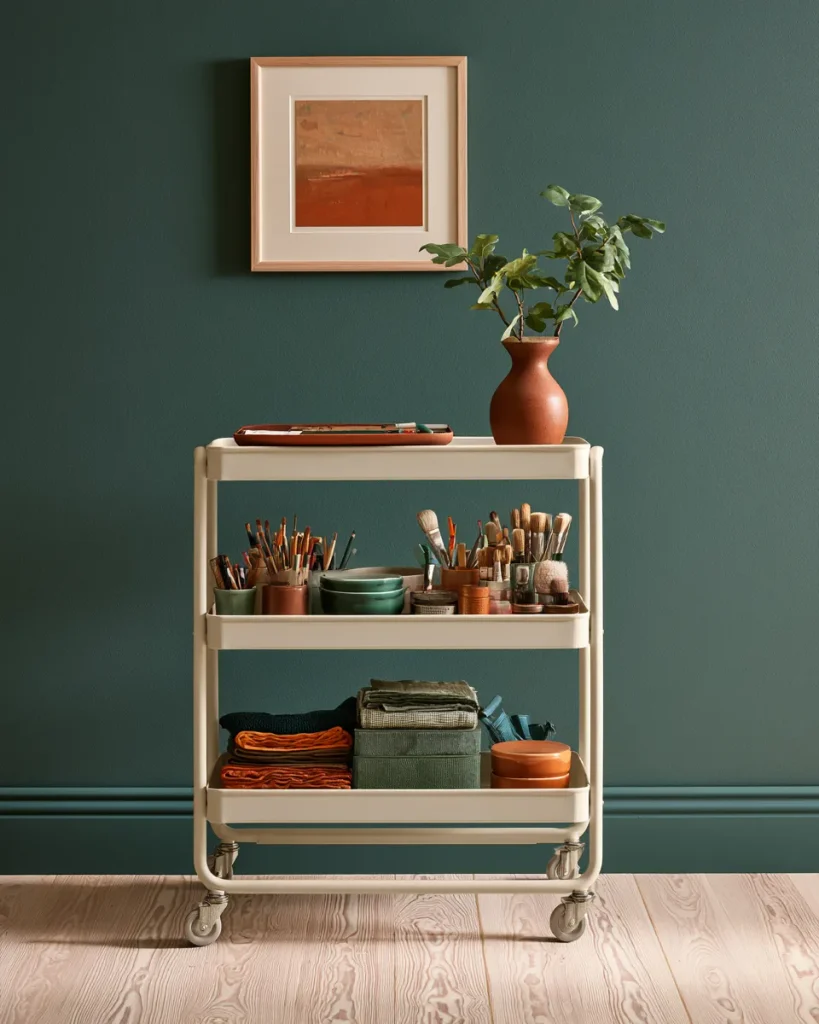 A three tier rolling cart holding craft supplies by format with one project tray on top, the craft room scaled down to a corner.
