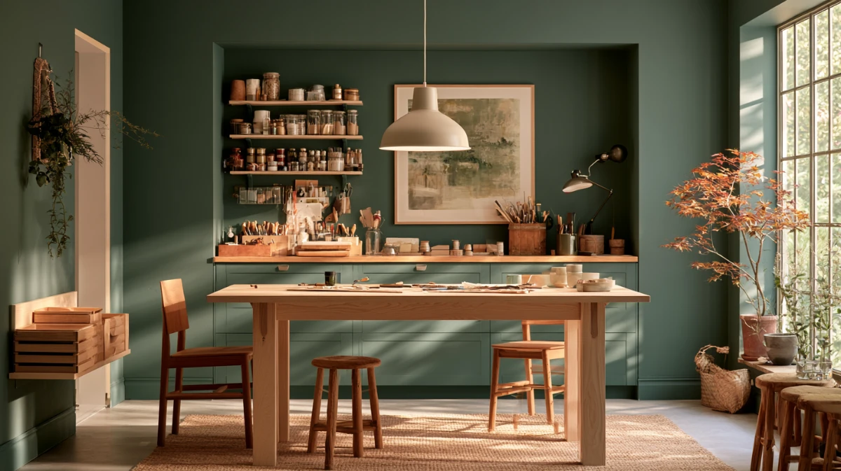 A craft room with a clear pale ash worktable, supplies shelved by format behind it and three project trays on a side shelf.