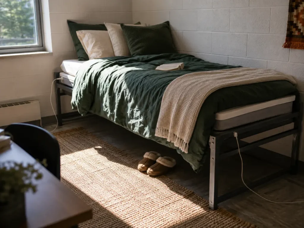 A made dorm bed with twin XL bedding, four pillows and a rug covering the vinyl floor