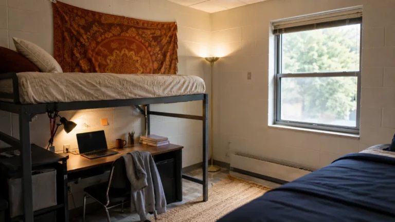 Dorm room ideas in a lofted single with warm lamp lighting, a tapestry and a rug over vinyl flooring