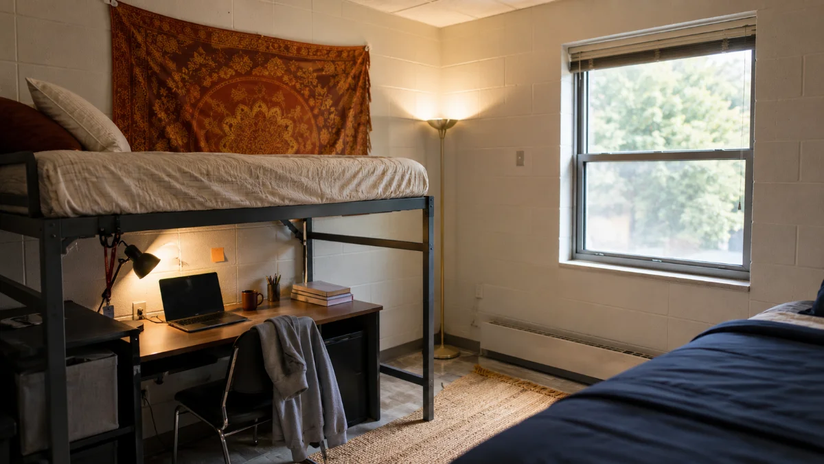 Dorm room ideas in a lofted single with warm lamp lighting, a tapestry and a rug over vinyl flooring
