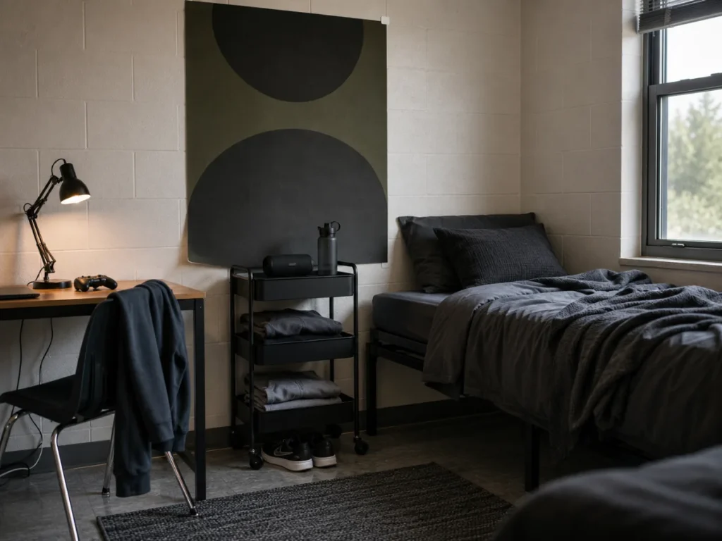 Dorm room ideas for guys with a charcoal bedding base, one large wall piece and a rolling cart