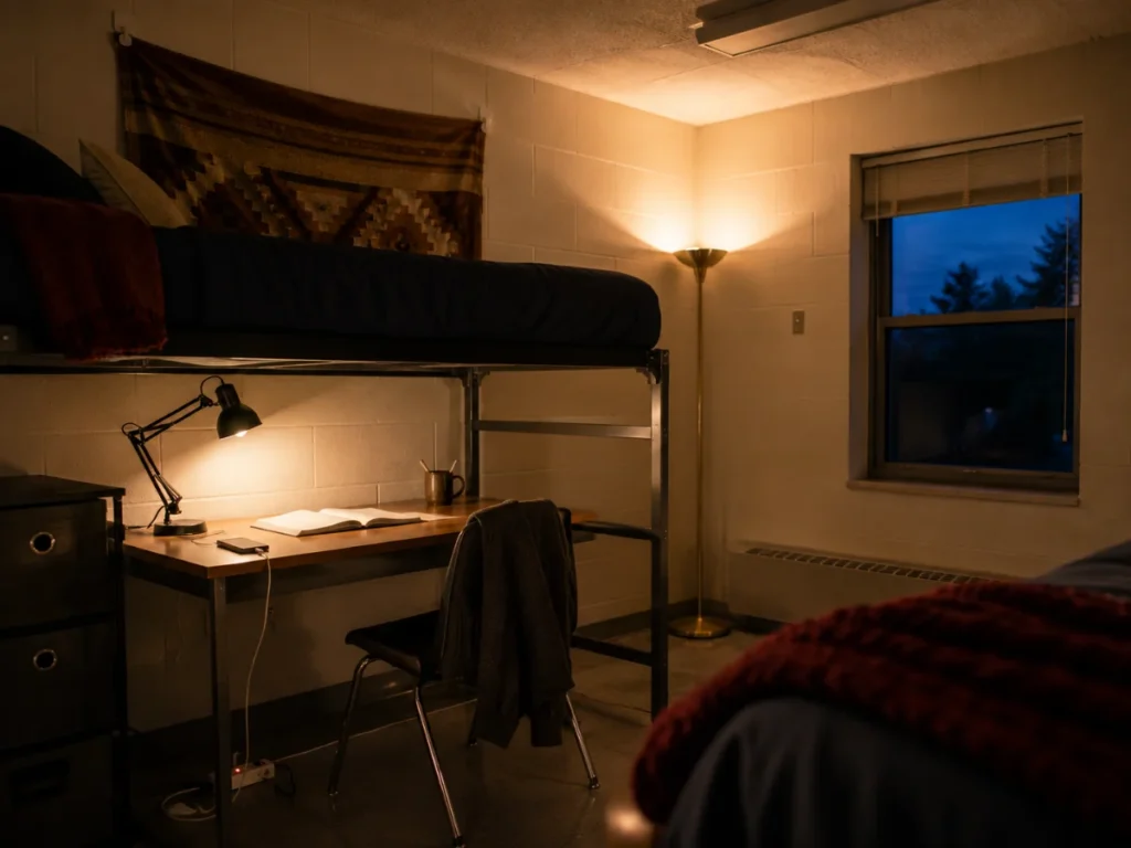 A dorm room lit by a floor lamp and clip on desk lamp with the fluorescent overhead switched off