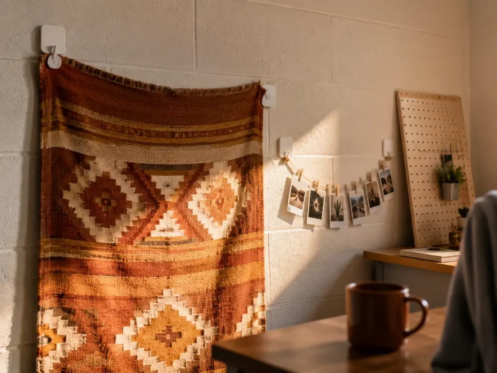A dorm tapestry hung on adhesive hooks with a photo wire, no nails or drilling in the wall
