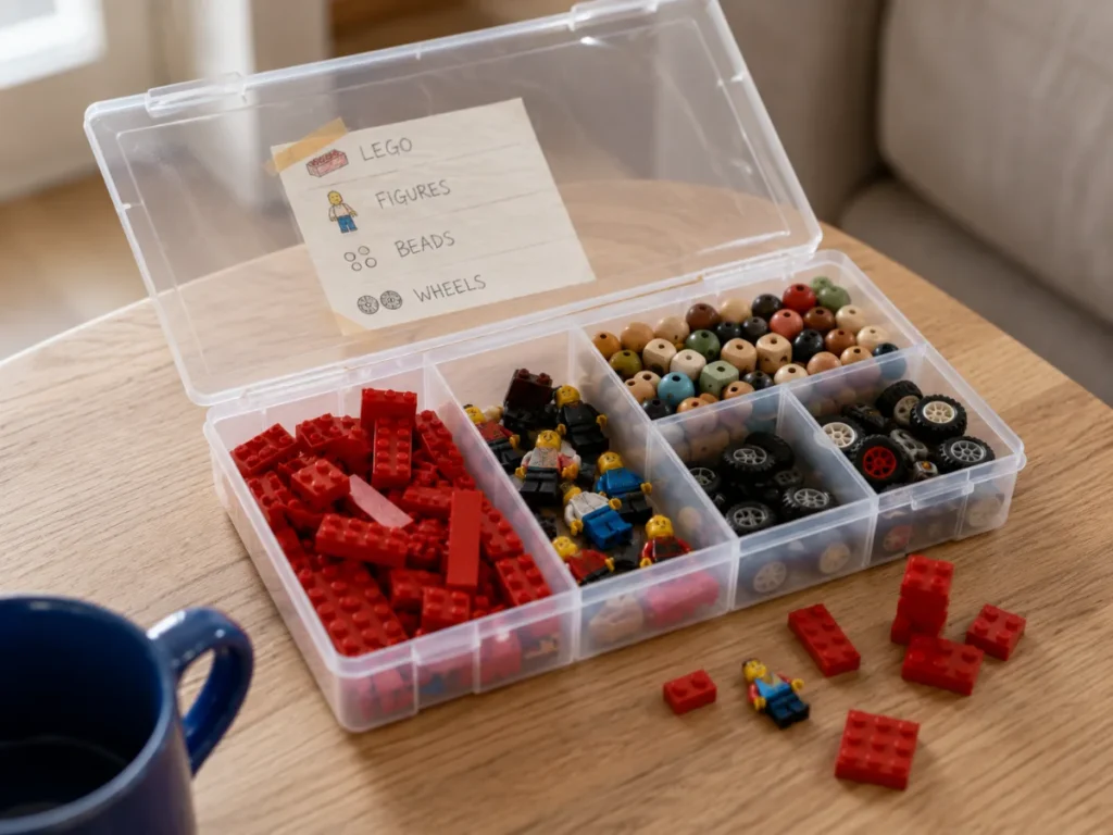 A compartment craft organizer storing LEGO and small toy parts for small space toy storage